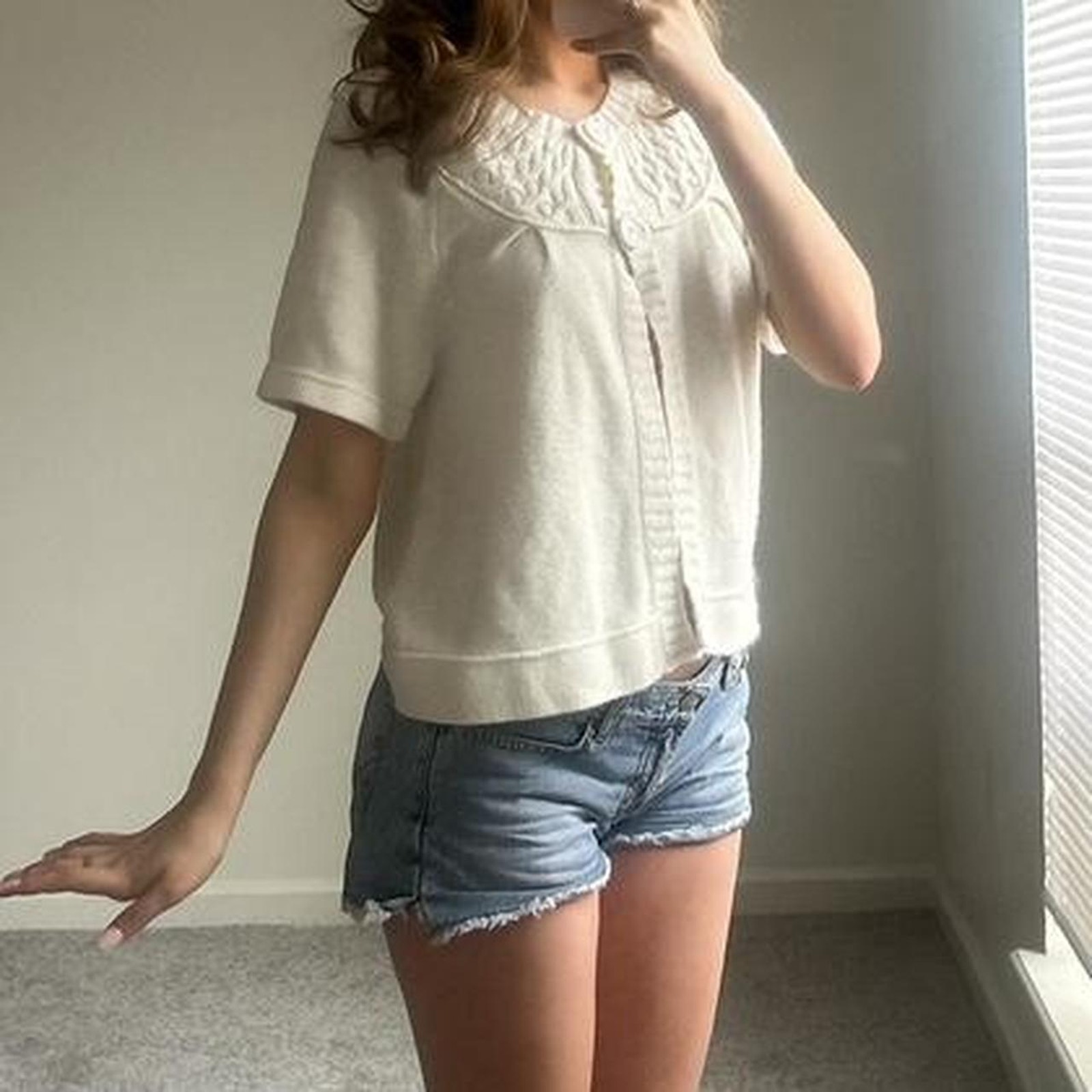 Vintage Cream Babydoll Knit Sweater Tshirt Cardigan Top With Button Detailing